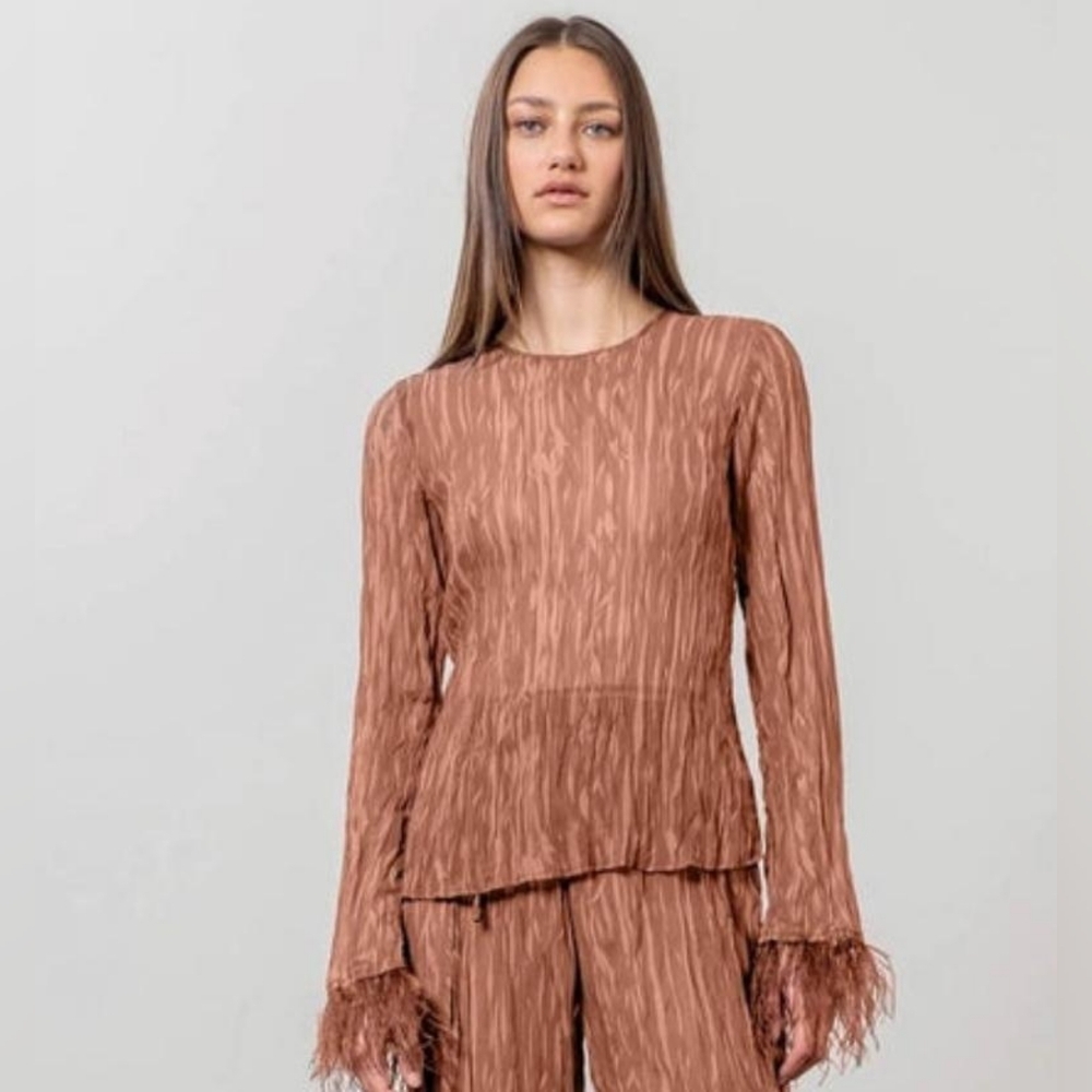 Moon River Brown Textured Blouse with Tie Detail